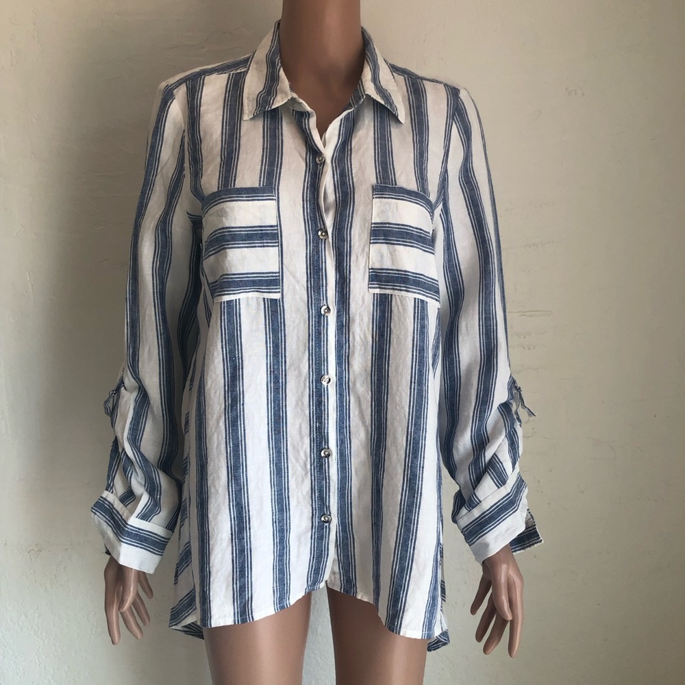 Rafaela Blue/White 100% Linen Stripes High-Low Shirt Women’s Size M Long Sleeves